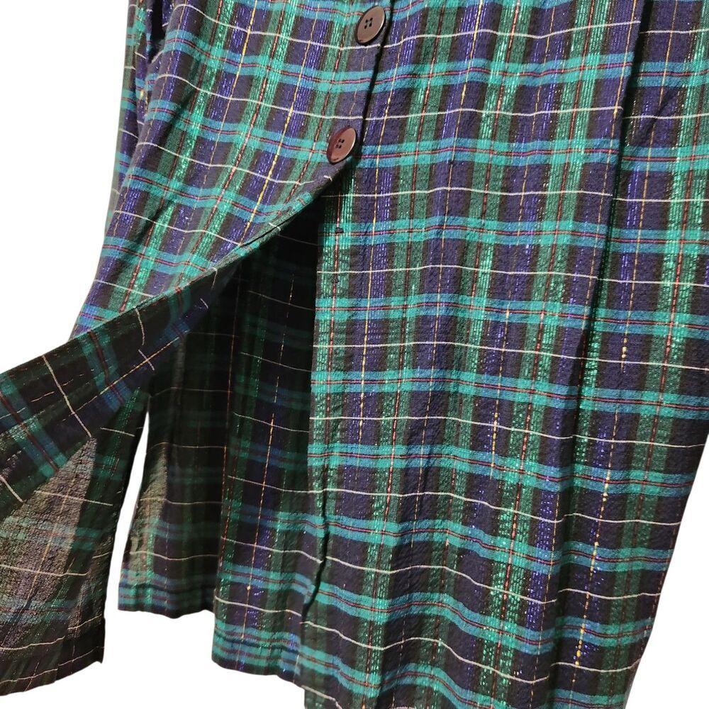 Victoria Jones Tunic Top Size 1X Green Metallic Front Buttons Plaid - Picture 5 of 15